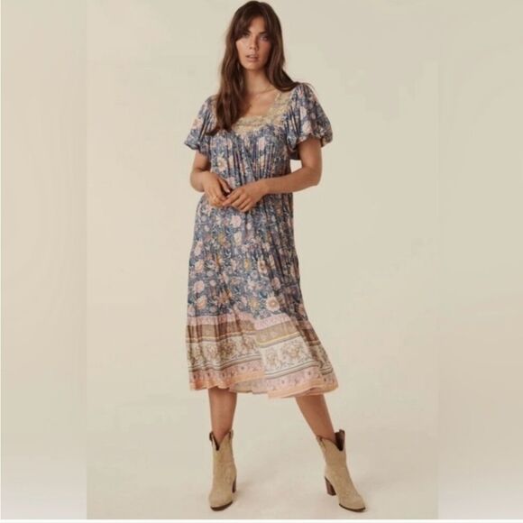 Spell & The Gypsy Collective Mossy Boho Short Puff Sleeve Midi Dress Size Small - Picture 1 of 4